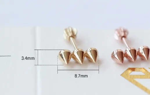 14K 18K Solid Gold Triple Spike Cartilage Helix Inner Conch  Barbell Piercing Earring Stud