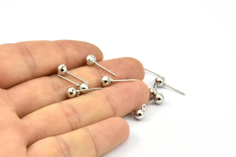 50 Earring Posts with Silver Tone Brass Ball Pad and 5 mm Hole Hook A0487