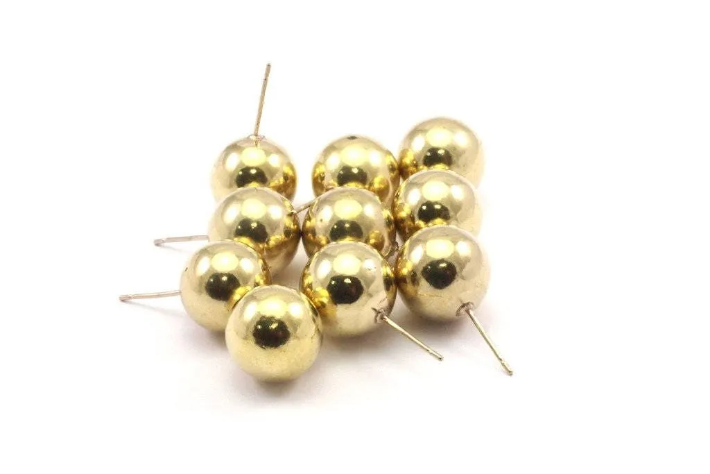 6 Raw Brass Ball - Stainless Steel Earring Posts 14mm Ear Studs Bs 1075--n0561