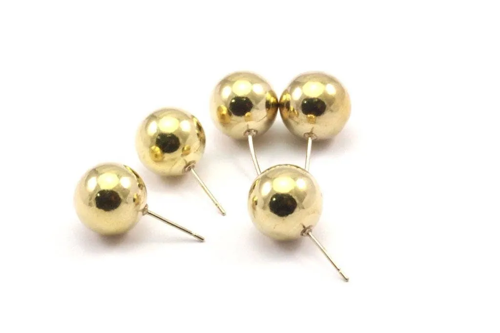 6 Raw Brass Ball - Stainless Steel Earring Posts 14mm Ear Studs Bs 1075--n0561