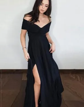 black prom dress, off shoulder prom dress, prom dress, long prom dress, side slit evening dress, BD12635