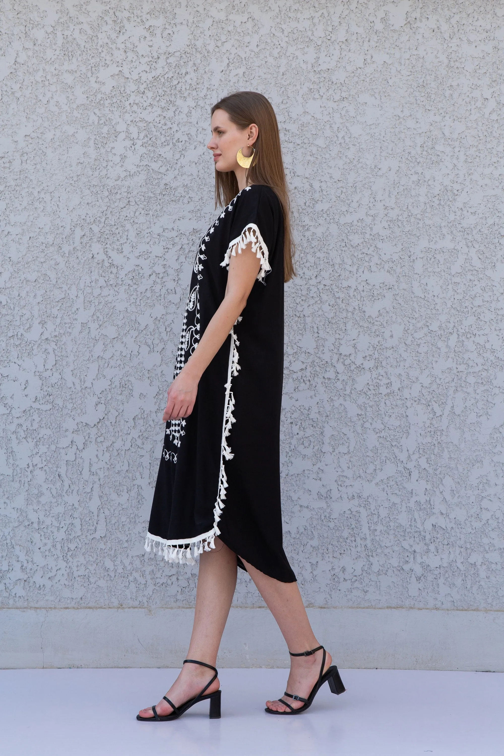 Black Tunic cotton kaftan dress, Bohemian embroidery tunic dress, embroidered tunic kaftan, Egyptian cotton. Summer, casual, home dress