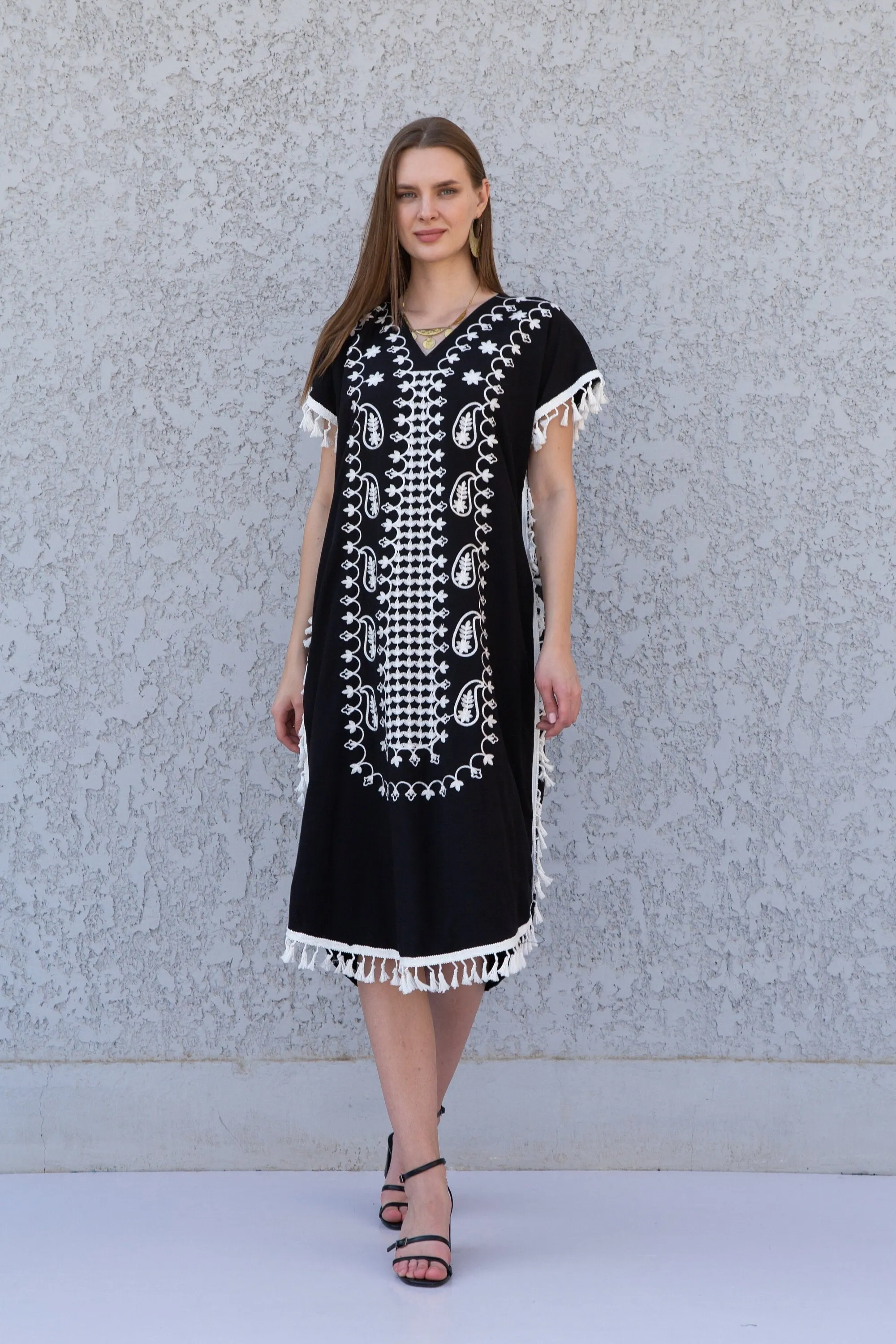 Black Tunic cotton kaftan dress, Bohemian embroidery tunic dress, embroidered tunic kaftan, Egyptian cotton. Summer, casual, home dress