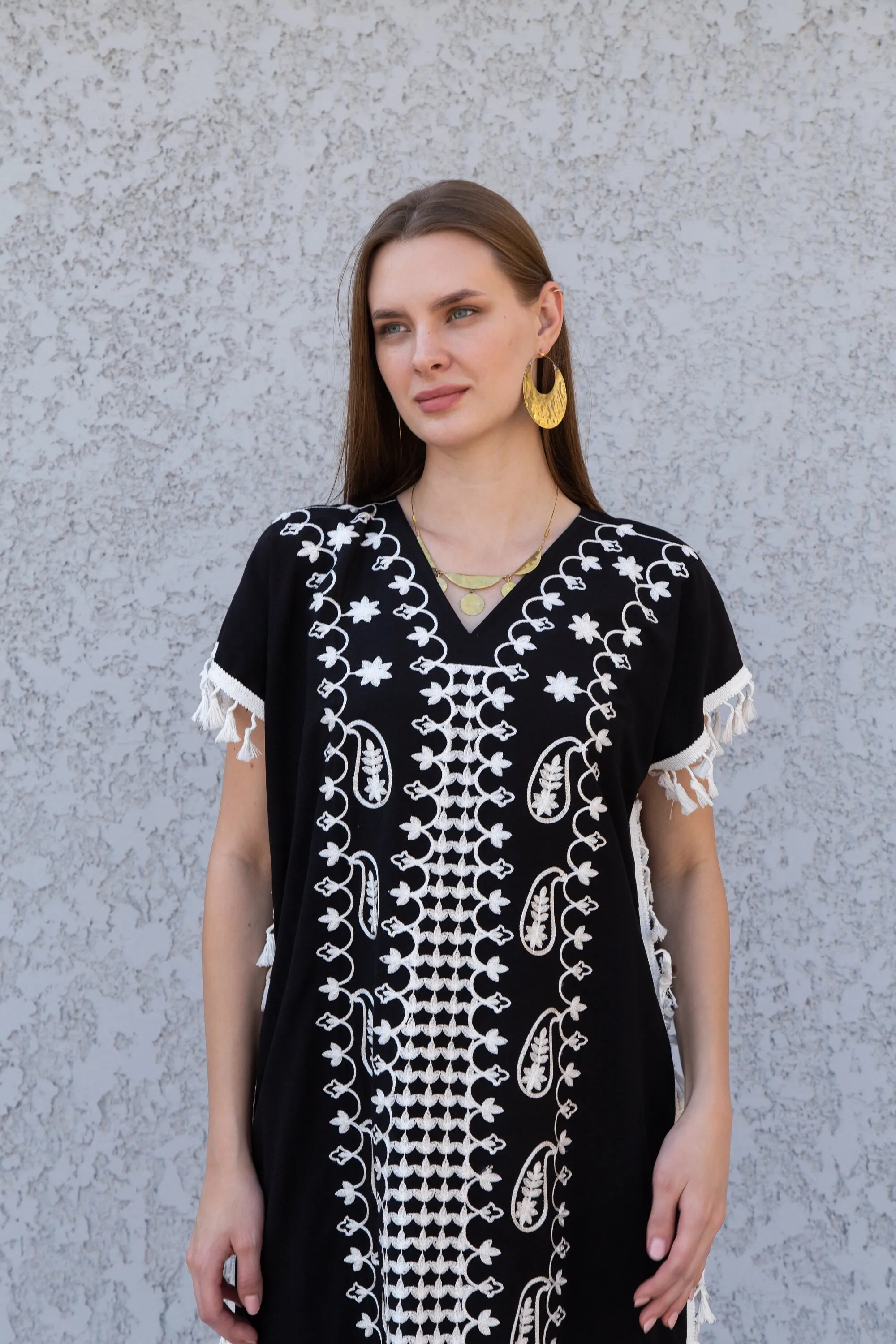 Black Tunic cotton kaftan dress, Bohemian embroidery tunic dress, embroidered tunic kaftan, Egyptian cotton. Summer, casual, home dress