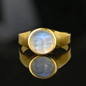 Carved Man in the Moon Moonstone Ring in 18K Gold