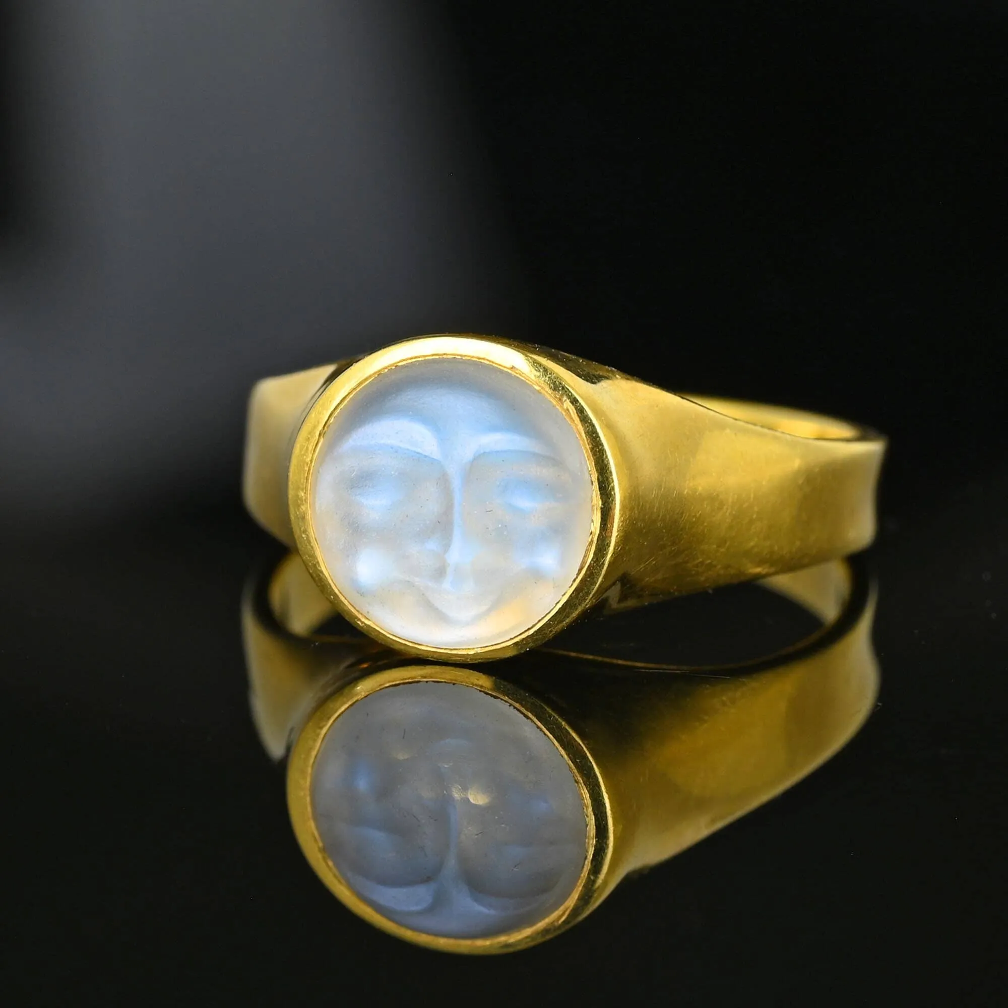 Carved Man in the Moon Moonstone Ring in 18K Gold