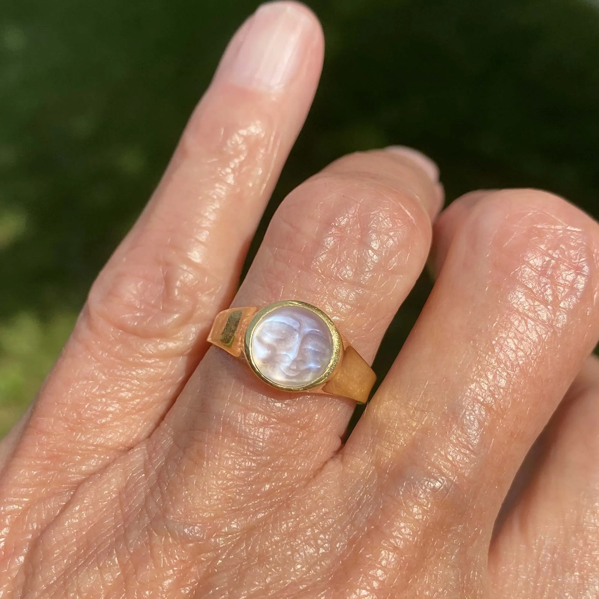 Carved Man in the Moon Moonstone Ring in 18K Gold