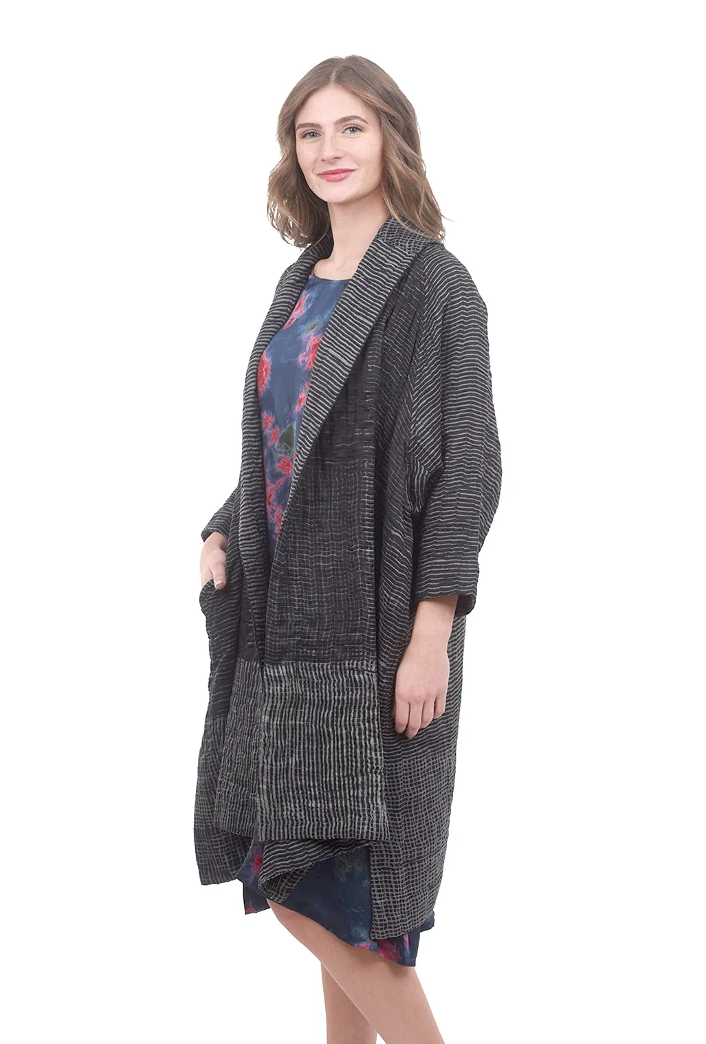 Cocoon Shibori Coat, Charcoal Gray