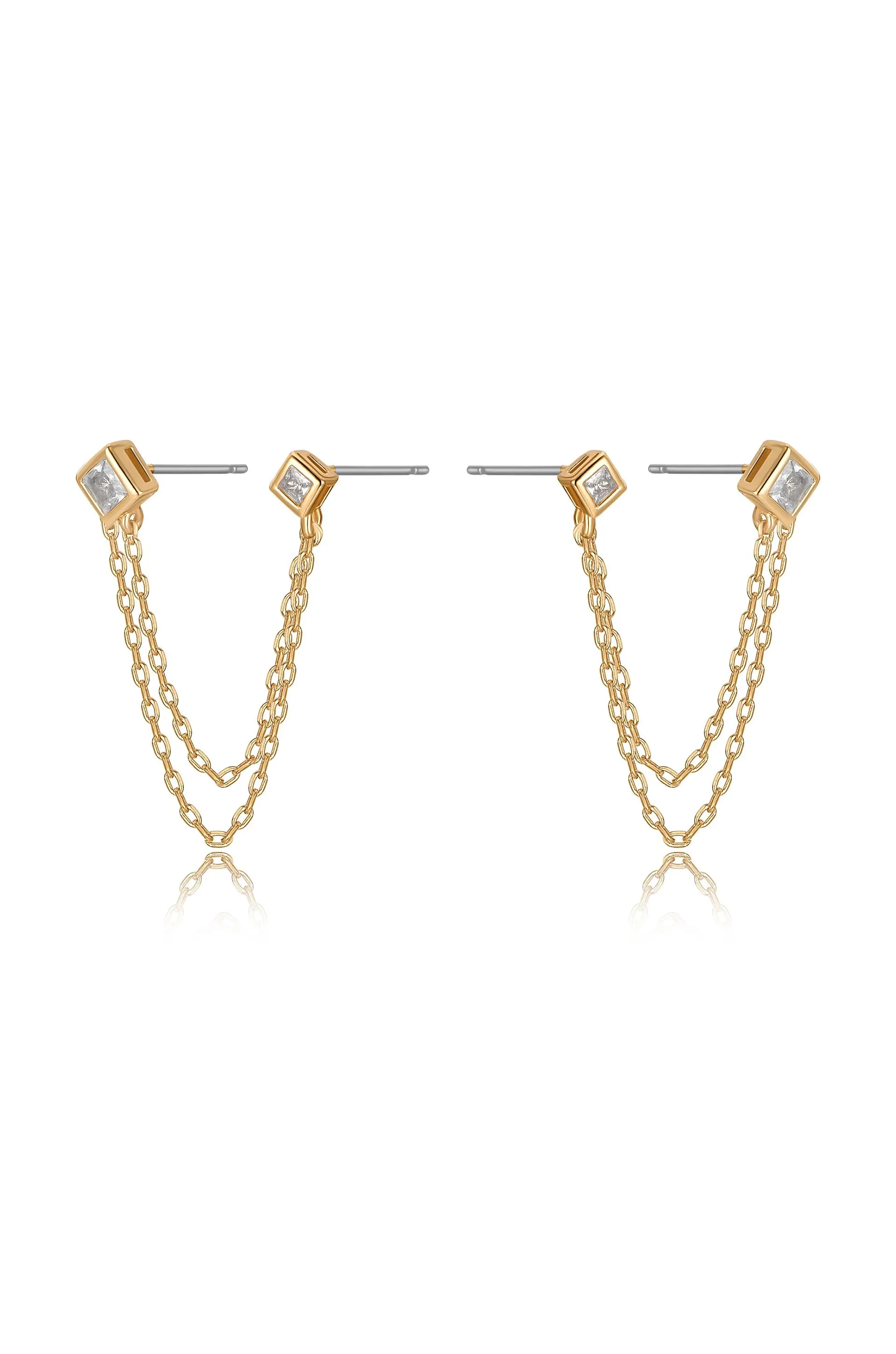 Double Piercing Diamond Shape 18k Gold Plated Earrings