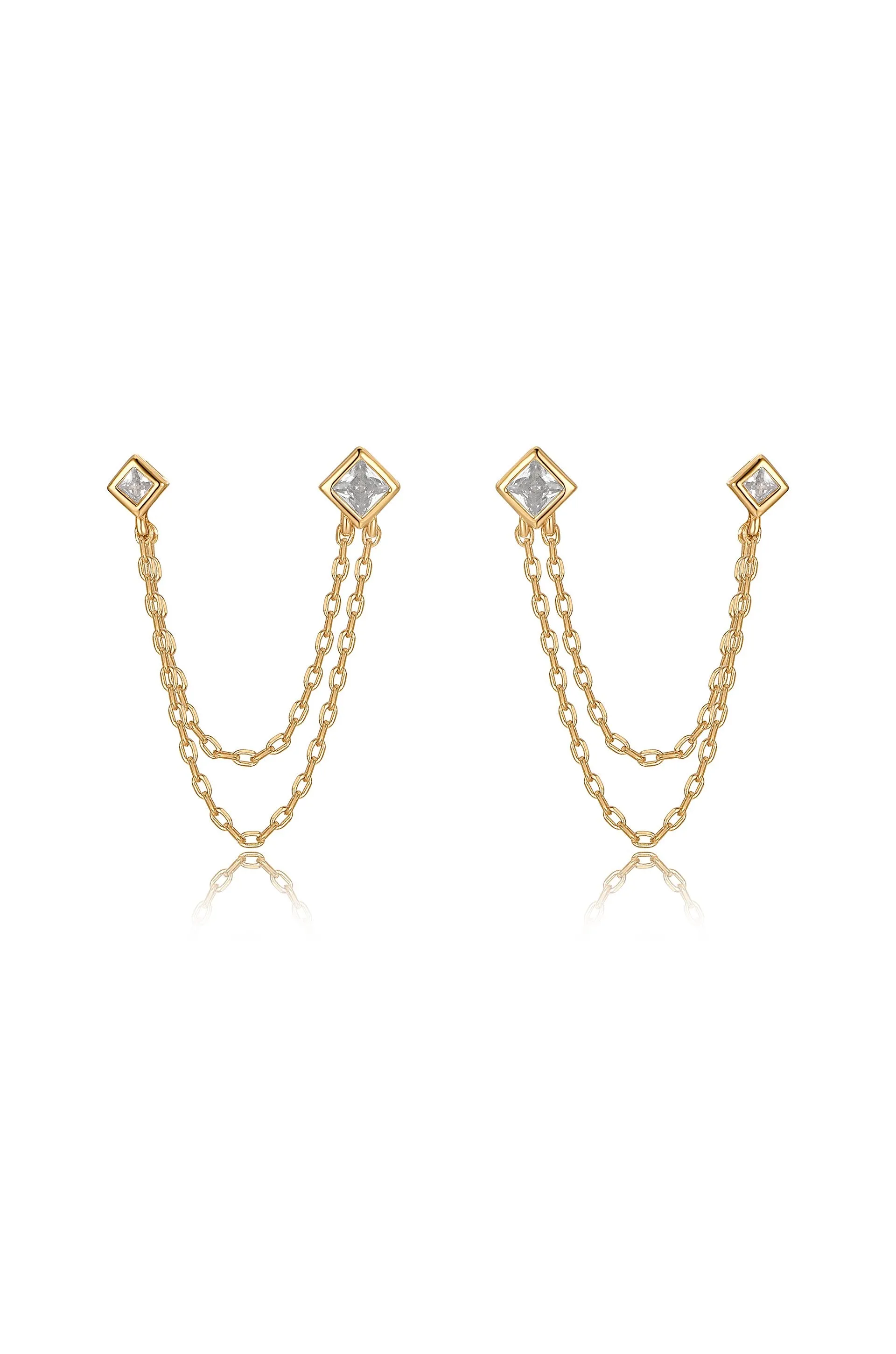 Double Piercing Diamond Shape 18k Gold Plated Earrings