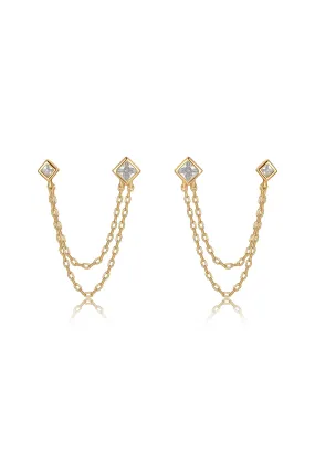 Double Piercing Diamond Shape 18k Gold Plated Earrings