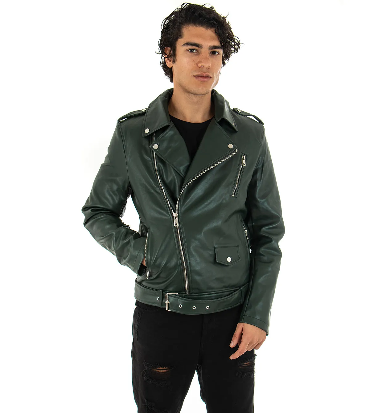 Giubbotto Uomo Chiodo Ecopelle Tinta Unita Verde Casual Biker GIOSAL-G2477A