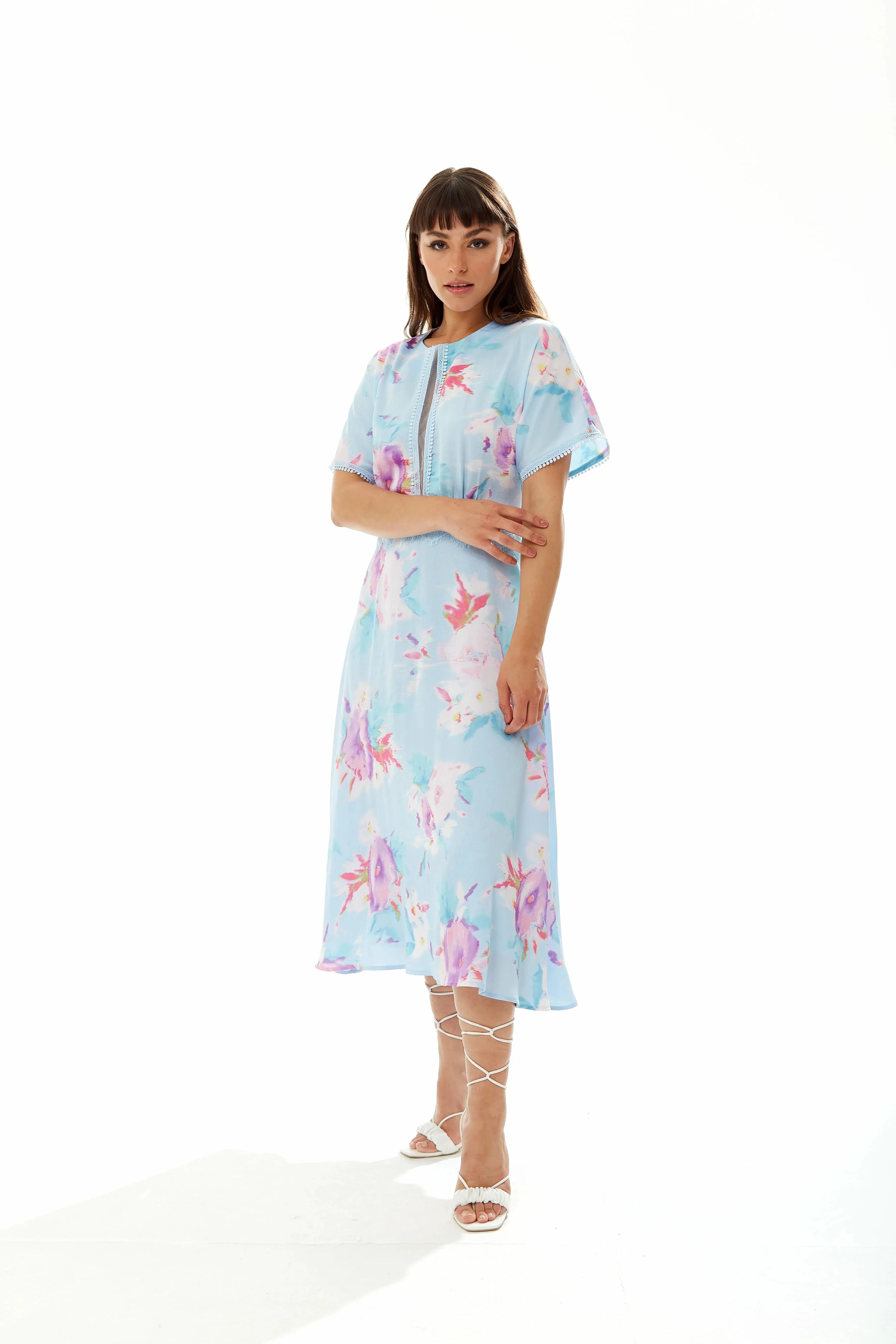 Liquorish Midi Floral Print Dress With Mesh Detail In Blue