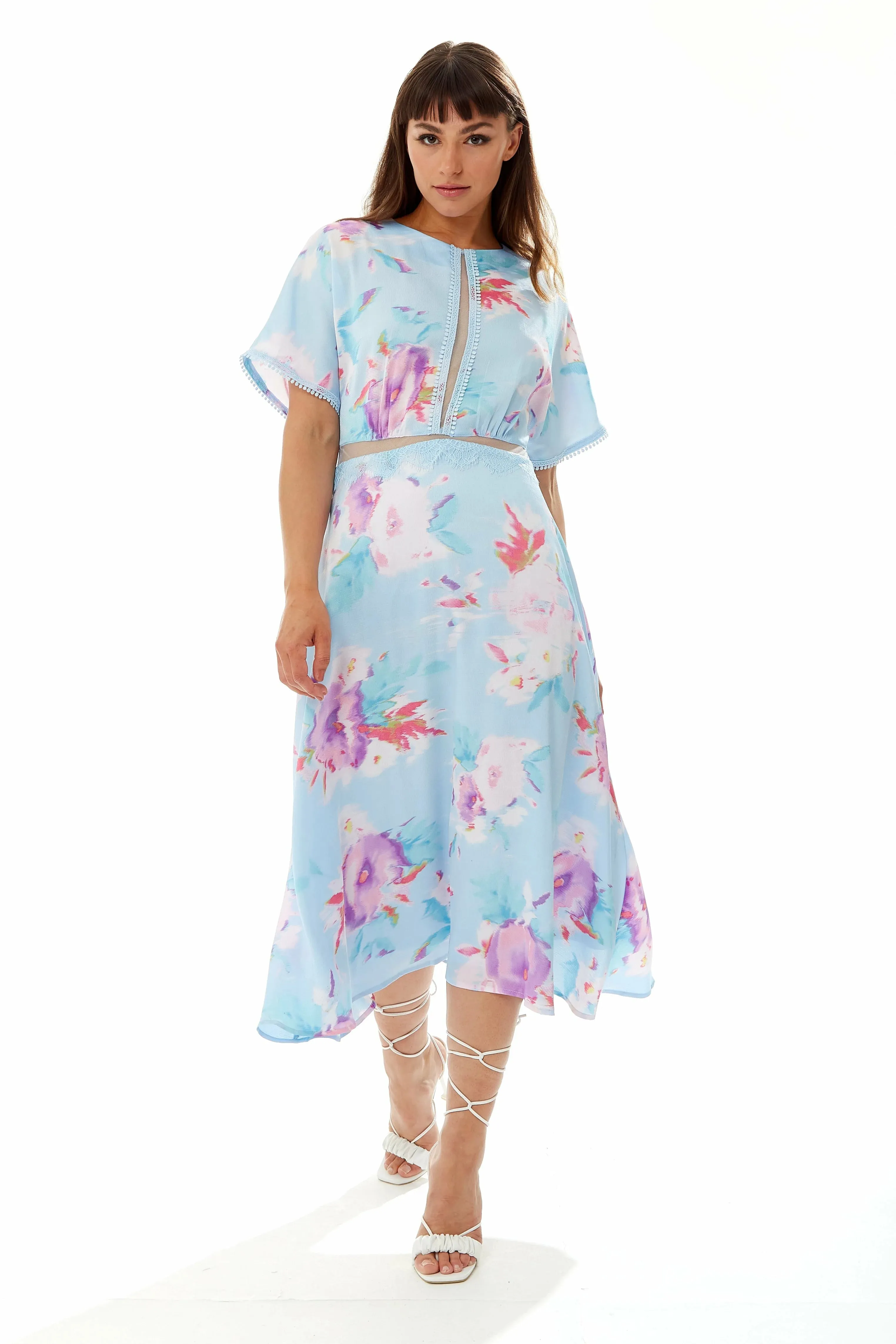 Liquorish Midi Floral Print Dress With Mesh Detail In Blue