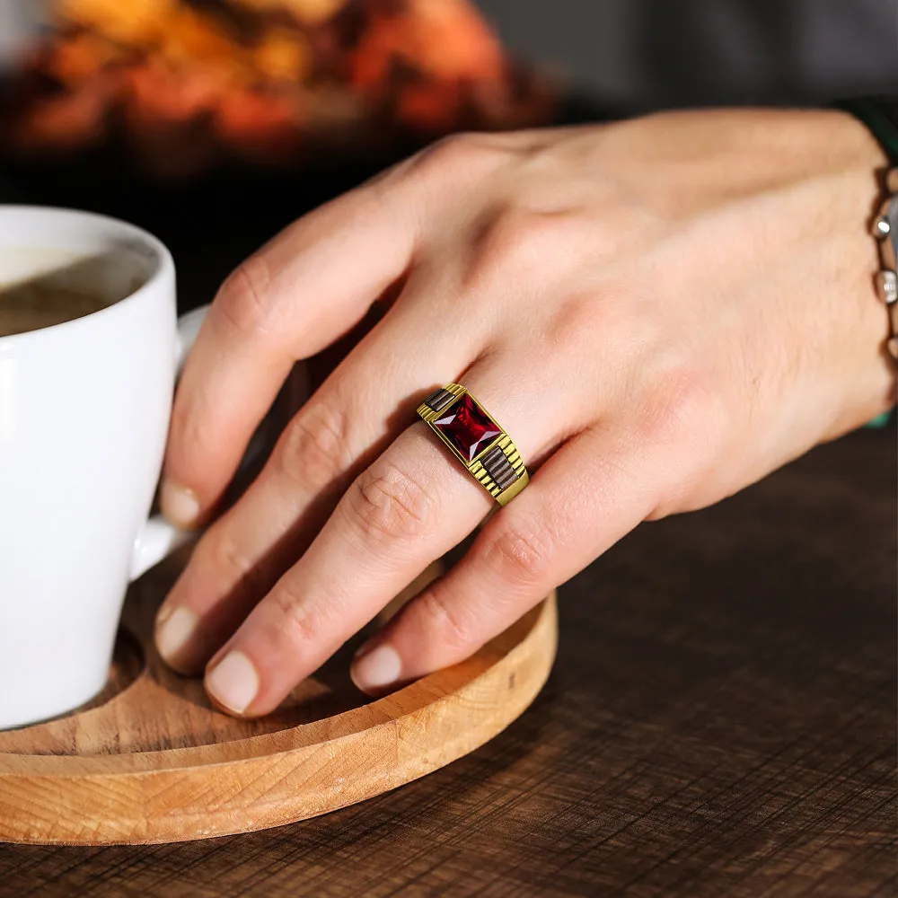 Modern Men's 18 karat Gold Ring with Red Ruby Gemstone