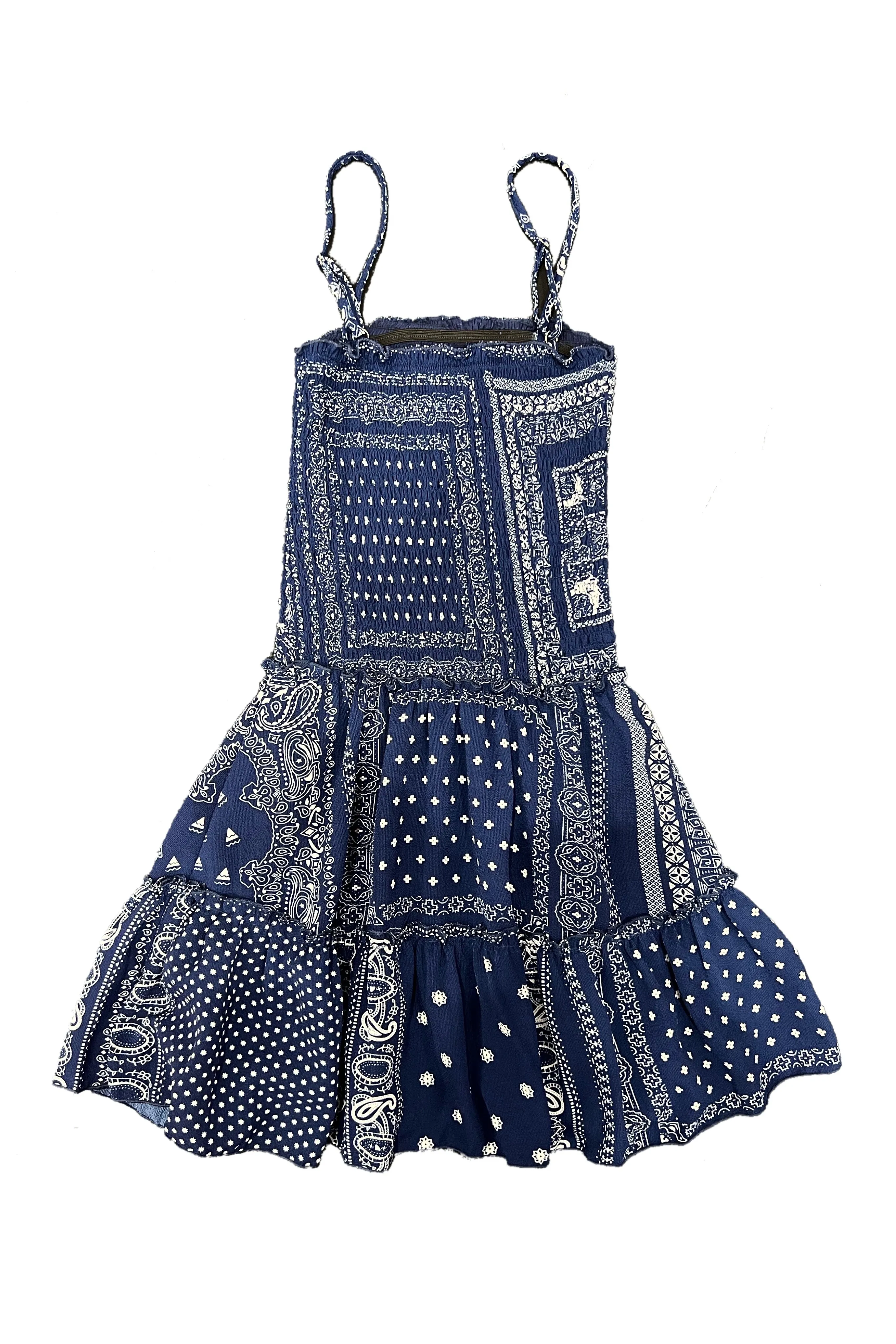 Navy Bandana Chiffon Smocked A-Line Dress