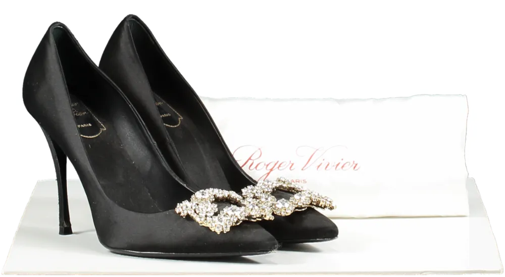 Roger Vivier Black Bouquet Strass Buckle Pumps In Satin UK 4.5 EU 37.5 👠