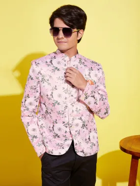 VASTRAMAY Boy's Floral Printed Pink Bandhgala Prince Coat Jodhpuri