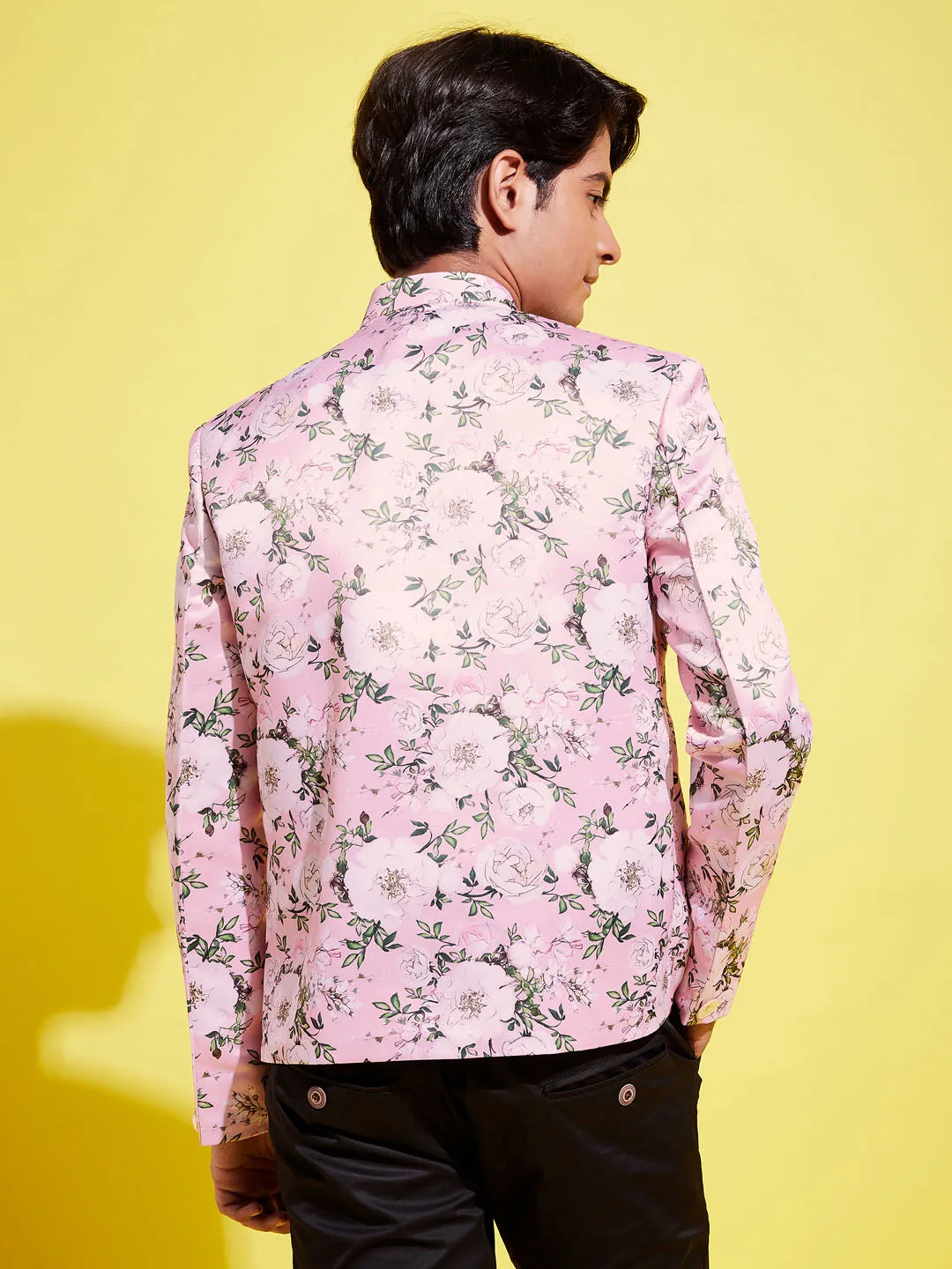 VASTRAMAY Boy's Floral Printed Pink Bandhgala Prince Coat Jodhpuri